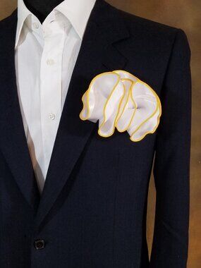 White Satin 2-in-1 Pouf Round Pocket Square with Yellow Trim
